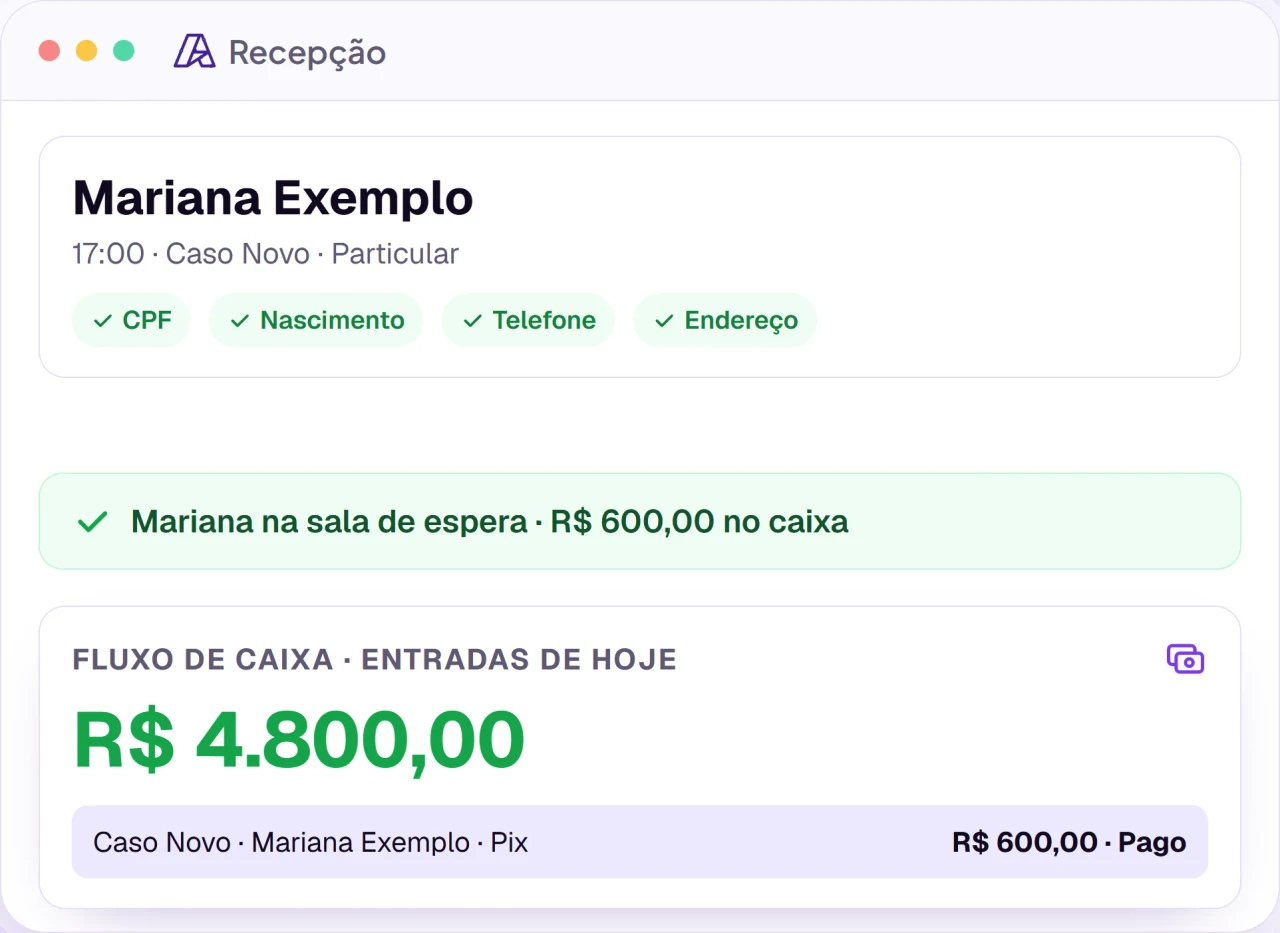 Tela da Recepção com a paciente liberada para a sala de espera e o pagamento entrando no fluxo de caixa do dia